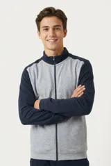 Campera de algodón con cierre frontal, cuello alto y diseño combinado en gris y azul marino.