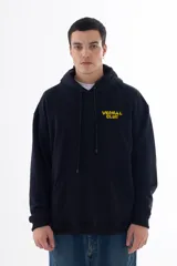 Buzo hoodie negro con estampa en la espalda de Maggie Simpson gigante, una torre eléctrica, duendes, rayos y una luna sonriente.