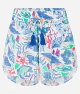 Short de playa de chiffon con estampa playera multicolor, cintura elástica con cordón ajustable y detalle de borla.
