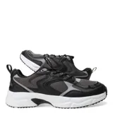 Championes de estilo running con diseño urbano, confeccionados en una combinación de malla y paneles de gamuza sintética en tonos beige y marrón. Presentan detalles en gris oscuro, cordones claros y una suela robusta de goma blanca con refuerzos en negro.
