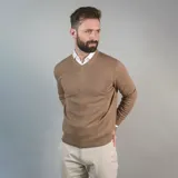 Sweater de hombre color marrón claro, con cuello en V y manga larga.