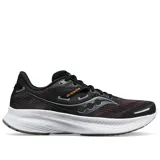Championes Saucony Guide 16 para dama, color negro con detalles en naranja y gris.