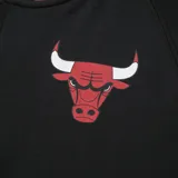Campera deportiva negra con cierre frontal, cuello, puños y ruedo acanalados con rayas rojas y blancas. Presenta el logo de los Chicago Bulls en el pecho y letras bordadas en la manga izquierda.