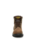Bota de trabajo Caterpillar modelo Second Shift, color marrón, con puntera de acero, diseño impermeable y suela de goma antideslizante de alta resistencia.