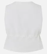 Chaleco color crudo confeccionado en viscolino con lazo y elástico en la cintura, con botones delanteros y forro.