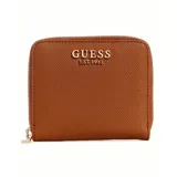 Billetera Guess Laurel de formato cuadrado, color marrón, con textura saffiano y cierre de cremallera perimetral. Presenta el logo metálico de la marca en tono dorado en el frente.