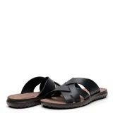 Sandalias de hombre Freeway modelo Horizon 3, color negro, con tiras de cuero cruzadas y plantilla marrón texturada.