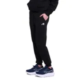 Pantalón de jogging negro con interior de felpa, cintura elástica con cordón ajustable, puños en los tobillos y logo bordado en la parte superior.