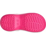 Zuecos Crocs modelo Classic Stacked de diseño slip-on, con capellada de color rosado claro y plataforma alta con suela dentada en tonos rosado medio y fucsia. Cuenta con perforaciones en el empeine para pines Jibbitz y tira trasera ajustable.