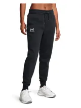 Pantalón de jogging Under Armour color negro, confeccionado en tejido polar de mezcla de algodón con interior cepillado. Presenta cintura elástica con cordón ajustable, bolsillos laterales y puños acanalados en los tobillos. Incluye el logo de la marca bordado en la pierna derecha.