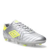Championes de fútbol Umbro Touch FG, diseñados para césped natural. Presentan un acabado plateado metalizado con detalles en amarillo neón en el logo lateral, talón y tapones. Confeccionados en material sintético resistente con cierre de cordones.