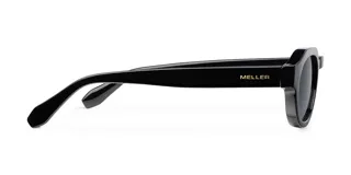 Gafas de sol negras con montura geométrica ovalada y lentes polarizadas negras.