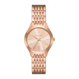 Reloj analógico Michael Kors con caja y malla de eslabones en acero inoxidable color oro rosa. Presenta una esfera minimalista con índices de bastón y números romanos en las posiciones de las 12 y las 6.
