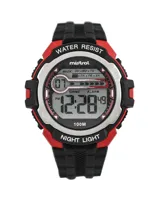 Reloj digital Mistral deportivo con correa de silicona negra y detalles en rojo.