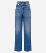 Pantalón de jean azul de corte recto, con bolsillos delanteros y traseros, y cierre de botón y cremallera.