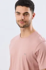Remera lisa de manga corta y cuello redondo, color gris oscuro, de calce cómodo con pequeño logo bordado en el pecho.