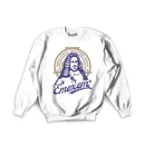 Buzo de cuello redondo y mangas largas, color blanco, con estampa frontal gráfica en tonos violeta y dorado que incluye el logo de la marca y una figura histórica.