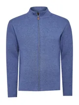 Cardigan de punto color azul melange, con cuello alto y cierre frontal completo con tirador de cuero.