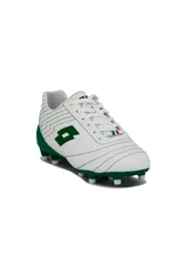 Championes de fútbol Lotto modelo Genova-MD-M, color blanco con detalles en verde y suela con tapones.