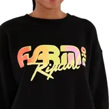 Buzo de cuello redondo y corte oversize, color negro, con estampa frontal multicolor con el logo de la marca y detalle en la manga.