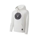 Canguro blanco con capucha y cordones ajustables. Estampado frontal con el escudo del Inter de Miami en negro y rosa.