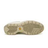 Sneaker Cat modelo Watchful, de diseño moderno en combinación de colores blanco y beige. Presenta capellada de cuero con detalles de costuras, cierre mediante cordones y suela de goma robusta con relieve.