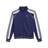 Campera Adidas Tyshawn azul con detalles en blanco y las tres rayas características de la marca en las mangas.