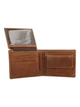 Billetera plegable de cuero color marrón, con acabado envejecido y logo de un pato grabado en relieve en la esquina inferior derecha.