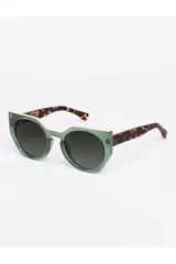 Lentes de sol Tiwi modelo Venus, con montura verde agua y lentes grises degradé. Diseño geométrico con forma redonda y detalles angulares.