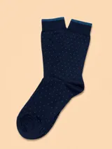 Medias de algodón en color azul marino con estampado de pequeños puntos en tono azul más claro y borde superior en contraste.