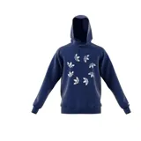 Canguro azul marino con capucha y cordón ajustable. Estampado frontal con múltiples logos Adidas Originals en blanco.