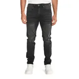 Pantalón de jean corte skinny color gris oscuro con efecto desgastado, diseño de cinco bolsillos, cierre de cremallera y botón metálico con logo de la marca.