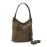 Cartera estilo hobo color marrón, confeccionada en material símil cuero con textura. Presenta dos bolsillos frontales con cierre metálico, apertura superior con cierre y asa corta para el hombro.