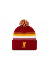 Gorro tejido con puño y pompón, color rojo con franjas horizontales en amarillo y blanco. Presenta el escudo del Liverpool F.C. bordado en el frente y etiqueta de la marca '47 en el puño.