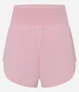 Bermuda deportiva de microfibra color azul petróleo, con diseño de doble capa que incluye un short interno ajustado y una capa externa suelta. Presenta cintura alta, bajo redondeado y bolsillo funcional en el short interno.