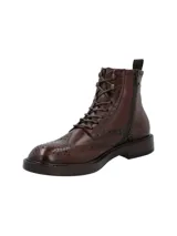 Botín tipo brogue de cuero marrón con cierre de cordones, costuras decorativas y suela de cuero. Diseño clásico con puntera redonda.