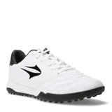 Championes de fútbol 5 Topper modelo San Ciro V TF, color blanco con detalles en negro. Presentan una capellada de material sintético con costuras reforzadas en la puntera para mayor control y durabilidad, cierre con cordones y suela con tapones pequeños diseñada para superficies de césped sintético.