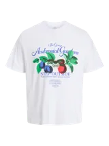 Camiseta de algodón de punto circular, color blanco, con un estampado gráfico central que incluye texto en azul y verde, una mariposa y frutas (ciruelas y una manzana roja).