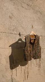Chaleco de cuero con efecto desgastado, presenta cordones laterales cruzados y tiras largas decorativas que cuelgan del ruedo.