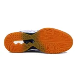 Championes de deporte Asics modelo Gel-Rocket 9 para mujer, en combinación de colores lila, blanco y azul marino, con suela de goma color caramelo ideal para canchas cubiertas.