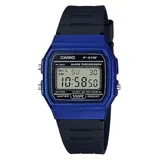 Reloj digital Casio modelo F-91WM-2ADF con caja de resina azul texturizada y correa de resina negra. Cuenta con pantalla digital, funciones de cronómetro, alarma y resistencia al agua básica.
