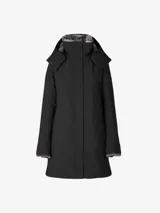 Parka negra larga con capucha desmontable, forrada con piel sintética y acolchada con relleno libre de plumón animal.