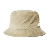 Sombrero tipo bucket color beige de pana con logo bordado en el frente y etiqueta con el nombre de la marca en el lateral.