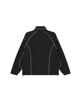 Campera tipo rompevientos de la marca Obey, con diseño a cuadros pequeños en tonos azul y blanco. Presenta cuello alto, cierre frontal completo, bolsillos laterales y detalles de líneas negras contrastantes que recorren el frente y las mangas. Incluye el logo de la marca bordado en el pecho.