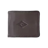 Billetera marrón de cuero sintético con costuras en los bordes y logo de la marca grabado en el centro. Cuenta con tecnología RFID para proteger tarjetas de crédito y débito.