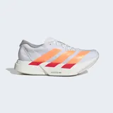 Championes de running Adidas Adizero Adios Pro 4, color blanco con detalles en naranja y rojo. Presentan tecnología Lightstrike Pro en la mediasuela para una amortiguación superior y suela de caucho Continental para un agarre óptimo.