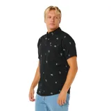 Camisa negra de manga corta con estampado de palmeras y calaveras en colores celeste, amarillo y verde.