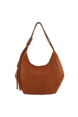 Cartera tipo hobo de Las Oreiro en color marrón, confeccionada en material tipo gamuza. Presenta una correa de hombro estilo soga trenzada con nudos decorativos y un bolsillo lateral con cierre. Incluye un pequeño aplique metálico con forma de labios en la parte inferior frontal.