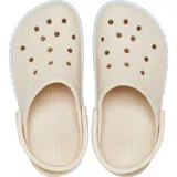 Zuecos Crocs modelo Bayaband color azul marino, con banda blanca y línea roja en la suela que incluye el logo de la marca en letras rojas.