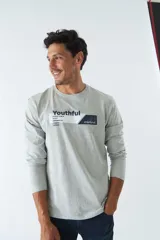 Remera gris de manga larga con cuello redondo y estampado frontal con la palabra 'Youthful' y el logo de Mistral.